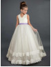 V Neck Ivory Lace Tulle V Back Ankle Length Flower Girl Dress